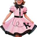 50s Costumes for Girls 50s Poodle Dress with Polka-Dot Printed Scarf for Kids Halloween Costume (6-8 Years)