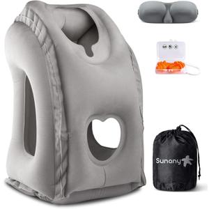 Sunany Travel Pillow, Inflatable Neck Pillow Used for Airplanes/Cars/Buses/Trains/Office Napping with Eye Mask/Earplugs (Gray) (Medium, Grey)