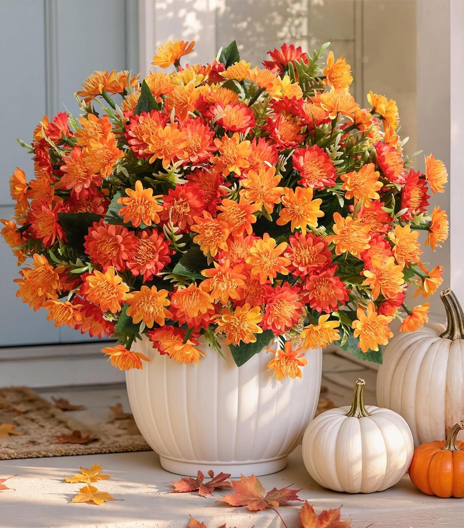 Artificial Fall Mum Flowers for Outdoor, Faux Chrysanthemum Bushes UV Resistant, Waterproof Floral Arrangements, Fake Autumn Daisy Flowers for Front Door Patio Garden Yard Planter Home Decor, Orange