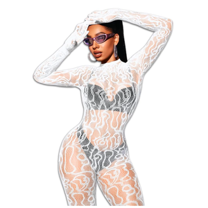 Women Sexy Fishnet Full Bodysuit, Mesh Lace Poster Jumpsuit Glow Party Rave Outfits, Body Stockings Halloween Costume, One Size