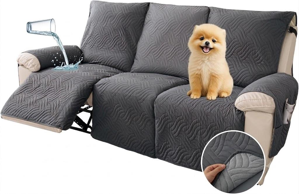 Deep Dream 100% Waterproof Recliner Covers, Non Slip Recliner Sofa Covers for 3 Seat Reclining Sofa, Split Reclining Couch Covers 3-Piece, Washable Sofa Slipcover for Kids Pets(3 Seater, Grey)