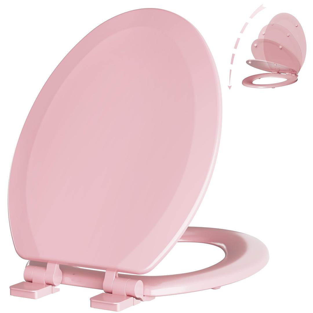 Angol Shiold Slow Close Wood Toilet Seat（Pink, Elongated 18.5''）