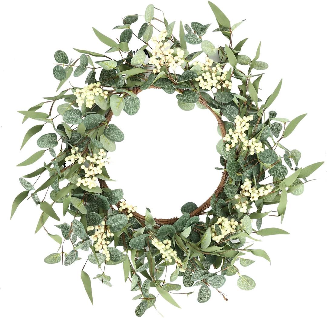 Pinkpum 22'' Eucalyptus Wreath for Front Door, Porch, Window - Green Decor for Home, Farmhouse - Spring, Summer, Fall, All Seasons (White)