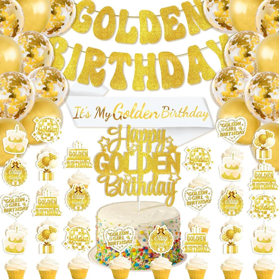 Golden Birthday Party Decorations, Includes It's My Golden Birthday Sash, Banner, Balloons, Cake Topper, Cupcake Toppers for Teens, Women and Men Theme Birthday Party Supplies Gifts Ideas