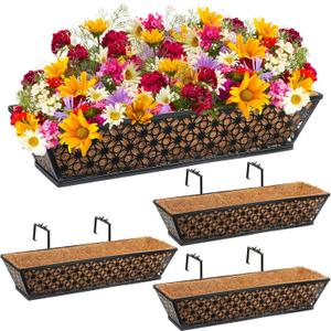 Potchen 4 Pieces Railing Planter Boxes, 24 Inches Window Box Planters with Coco Liner and Adjustable Brackets for Deck Porch Fence Patio Balcony Gardening Outdoor Plants