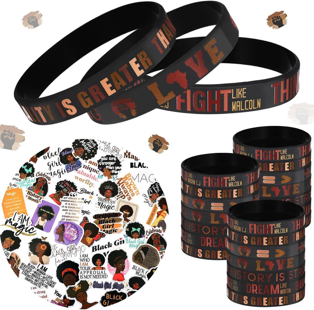 Cunno 74 Pcs Women History Month Party Favor International Women's Day Empowerment Gift Silicone Bracelets and Stickers Rubber Wristbands African American Patriotic Party Favors Bag Fillers