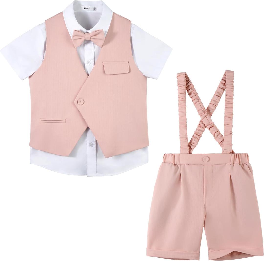 LOLANTA Short Suit for Boys Summer Wedding Ring Bearer Outfit Graduation 6 Pieces Shirt Vest Shorts Set (Pink)