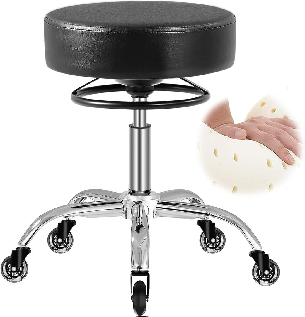 Rolling Stool with Wheels 400lbs Weight Capacity,Heavy Duty Lash Chair Adjustable for Tatoo Lab Massage Salon Spa Drafting Nail Teach,360 Swivel,Leather,Thick Seat Padding (Black)