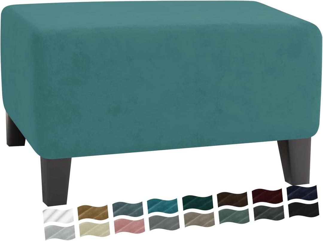 MAXIJIN Velvet Ottoman Slipcover Small Stretch Square Rectangle Footstool Slipcover Folding Storage Ottoman Covers for Living Room with Elastic Bottom (Ottoman Small, Peacock Blue)