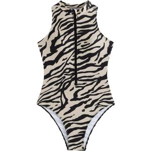 Floerns Women's Zebra Print Sleeveless One Piece Rash Guard High Neck Zipper Surfing Swimsuit, Medium