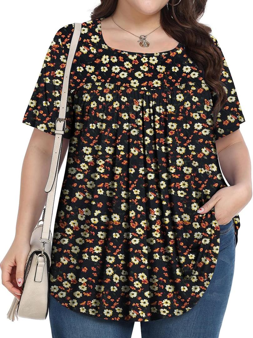 PEVRL Plus Size Tops for Women Summer 2025 Short Sleeve Shirts Tunics Square Neck Casual Loose Blouses Champagne flower 5XL
