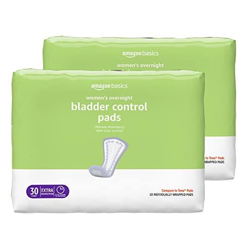Amazon Basics Incontinence Pads for Women, Postpartum, Bladder Management, Overnight Absorbency, Unscented, with Odor Management, 60 Count (2 Packs of 30)