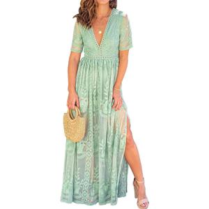 Women's Casual Off Shoulder Lace Maxi Dress Boho White Bridesmaid Wedding Evening Party Dresses (XX-Large, Green)