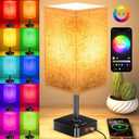 RGB Color Changing Lamp - Multi Color Desk Table Lamp with 2 AC Outlets, Stepless Dimming, Built-in USB-C + USB Charging Ports, Modern LED Bedside Lamp for Bedroom,Living Room, Dorm, or Home Office (RGB - Flaxen Shade)