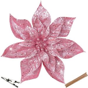 Briful 9'' Christmas Poinsettia Flowers 8PCS Pink Glitter Artificial Flowers Large Christmas Ornament Flowers for Xmas Tree Wreath Garland Decoration