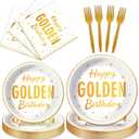 100Pcs Happy Golden Birthday Party Decorations White Gold Glitter Disposable Paper Plates Napkins Golden Birthday Girls Boys Men Tableware Set for 25 Guests Gold Baby Shower Party Supplies Favors