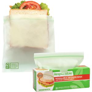 Responsible Products Certified Compostable SANDWICH Resealable Zip Bag, Extra Strength Food Bags, Plant-Based Freezer-Safe (30 Pack)