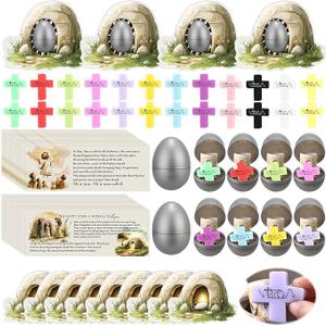 PullCrease 20 Sets Christian Easter Basket Stuffers Bulk Eggs Bible Story Cards Stress Cross Stone and He Has Risen Cards Religious Sunday School Crafts Holy Week Gifts for Church (Classic)