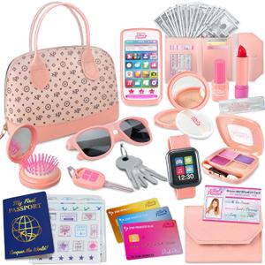 Play Purse for Little Girls - Pretend Play Toy Set for Kids Including Handbag, Makeup, Phone, Wallet, Smartwatch, Passport, Credit Cards, Keys - Birthday Gift Ideas for Girls Age 3 4 5 6 7+