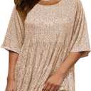 Plustrong Womens Sparkly Glitter Dress Summer Sequin Babydoll Dress Short Flowy Tunic Dresses Party Club (X-Large, Gold)