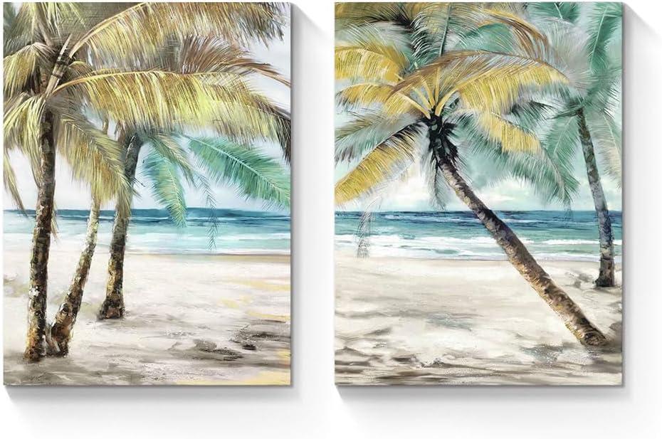 Beach Palm Trees Wall Art: Abstract Coastal Picture Tropical Ocean Scene Artwork Seascape Painting Print on Canvas for Modern Living Room Bathroom Office (24''x18''x2 panels)