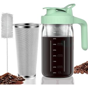 Cold Brew Coffee Maker Pitcher, 32 oz Thick Glass Mason Jar Spout Lid with Handle & Stainless Steel Filter for Iced Brew Coffee, Ice Lemonade, Sun Tea, Fruit Drinks Container