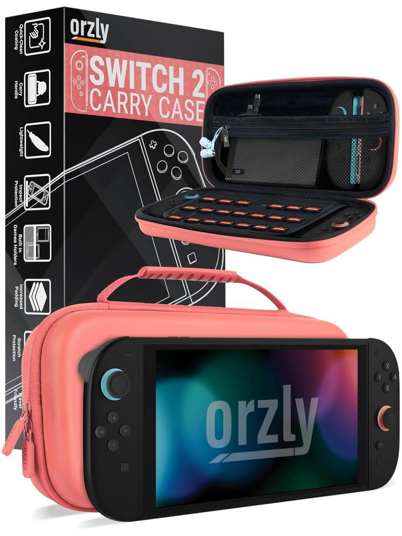 Orzly Case Compatible with Nintendo Switch 2 – Protective Travel Carry Case with Screen Padding, Game Card & microSD Slots, Zipped & Open Pockets for Accessories – 7.9" Gift Boxed