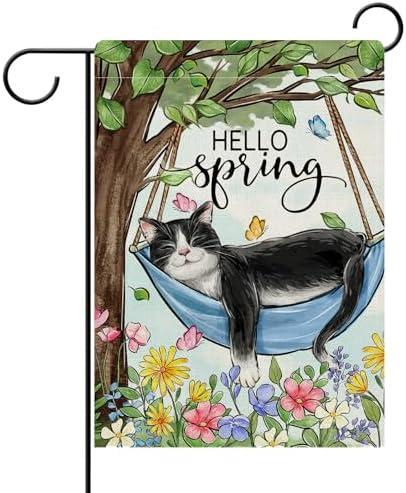 Dyrenson Hello Spring Sleeping Tuxedo Cat Decorative Garden Flag, Tree Flower Yard Outside Home Decorations Pet Lover Gift, Seasonal Burlap Outdoor Small Decor Double Sided 12 x 18,2pcs