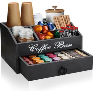 Coffee Station Organizer Pods Holder with Drawer, Farmhouse Wood Coffee Bar Accessories Decor and Tea Condiment Basket for Countertop