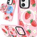 for iPhone 12 Case for Women Girls - Compatible with Magsafe Cute Design Magnetic Ring Holder Stand Strawberry Flower Fashion Pattern TPU Phone Covers for iPhone 12 Phone Case