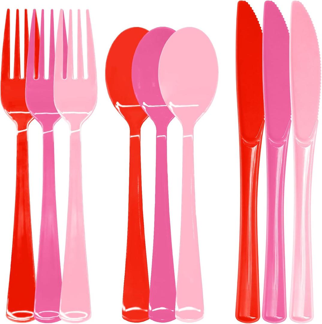153 Pcs Pink Plastic Silverware Heavy Duty Disposable Tableware Sets Includes Spoons Forks Knives for Mother's Day, Birthday, Bachelor Party, Baby Shower