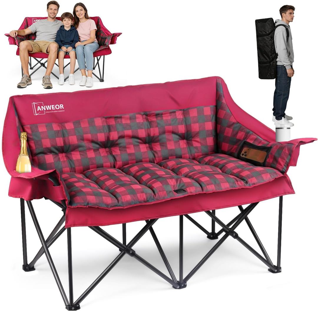 Double Camping Chair for Adult, Heavy Duty Padded Loveseat Chair,Red, 57.1 x 21.3 x 34.3 inches