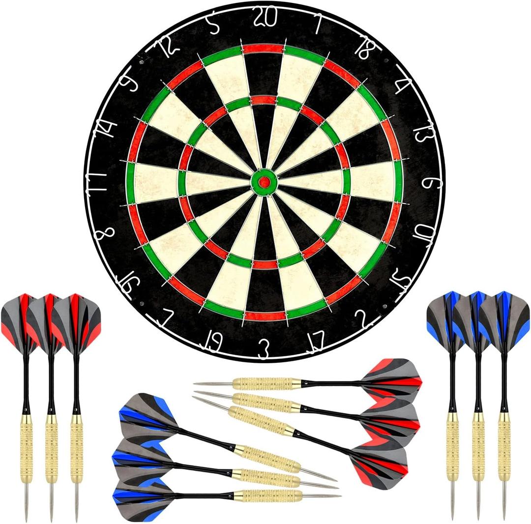 LinkVisions Dartboard with Staple-Free Bullseye, 18g Steel Tip Darts Set,12 Steel Tip Darts 18g, Dartboard Mounting Kits Included