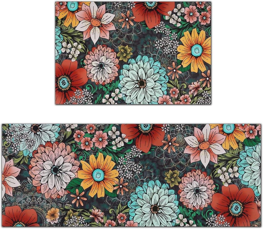 FRAMICS Kitchen Mats Sets 2 Piece, Cushioned Anti Fatigue Kitchen Mats, Washable Kitchen Rugs, Non-Slip Kitchen Floor Mats, Boho Floral Kitchen Rugs, Multicolor, 17.3"x30"+17.3"x47" (Colorful)