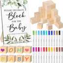 Tatuo 75 Pcs Baby Shower Party Decorate a Block Games Kit Including Decorate Game Sign 50 DIY Wooden Block 24 Acrylic Paint Marker Baby Shower Prize for Gender Reveal Game(Greenery)