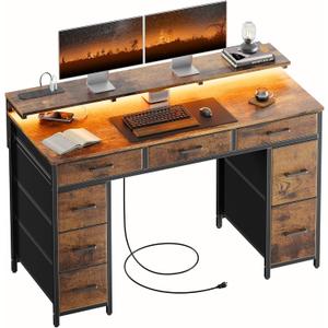 HLDIRECT 47 inch Computer Desk with 8 Storage Drawers, Gaming Desk with LED Lights & USB Power Outlets, Home Office Table with Monitor Stand, Study Writing Work Table for Bedroom, Rustic Brown, 47" W x 20.5" D x 29" H