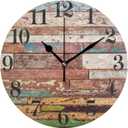 10 Inch Round Wall Clock Wood Old Retro Vintage Wooden Home Art Decor Non-Ticking Numeral Clock for Home Office
