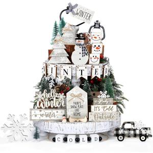 Tatuo 20 Pieces Christmas Winter Tiered Tray Decor Snowman Snowflakes Winter Tiered Tray Decoration Set Christmas Hello Tabletop Wooden Signs