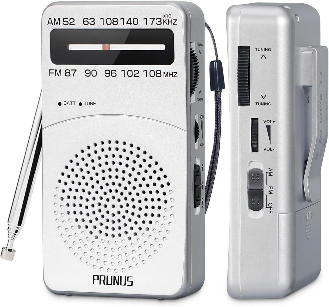 PRUNUS J-166 Portable Radio AM FM, Battery Operated Radio with Tuning Light, Back Clip, Excellent Reception, AM FM Radios Portable, Transistor Radios