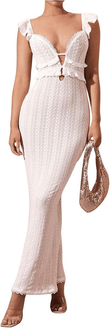 SOLY HUX Women's Maxi Dress Crochet Ruffle Sleeveless Backless Bodycon Long Dresses (XS, Pure White)
