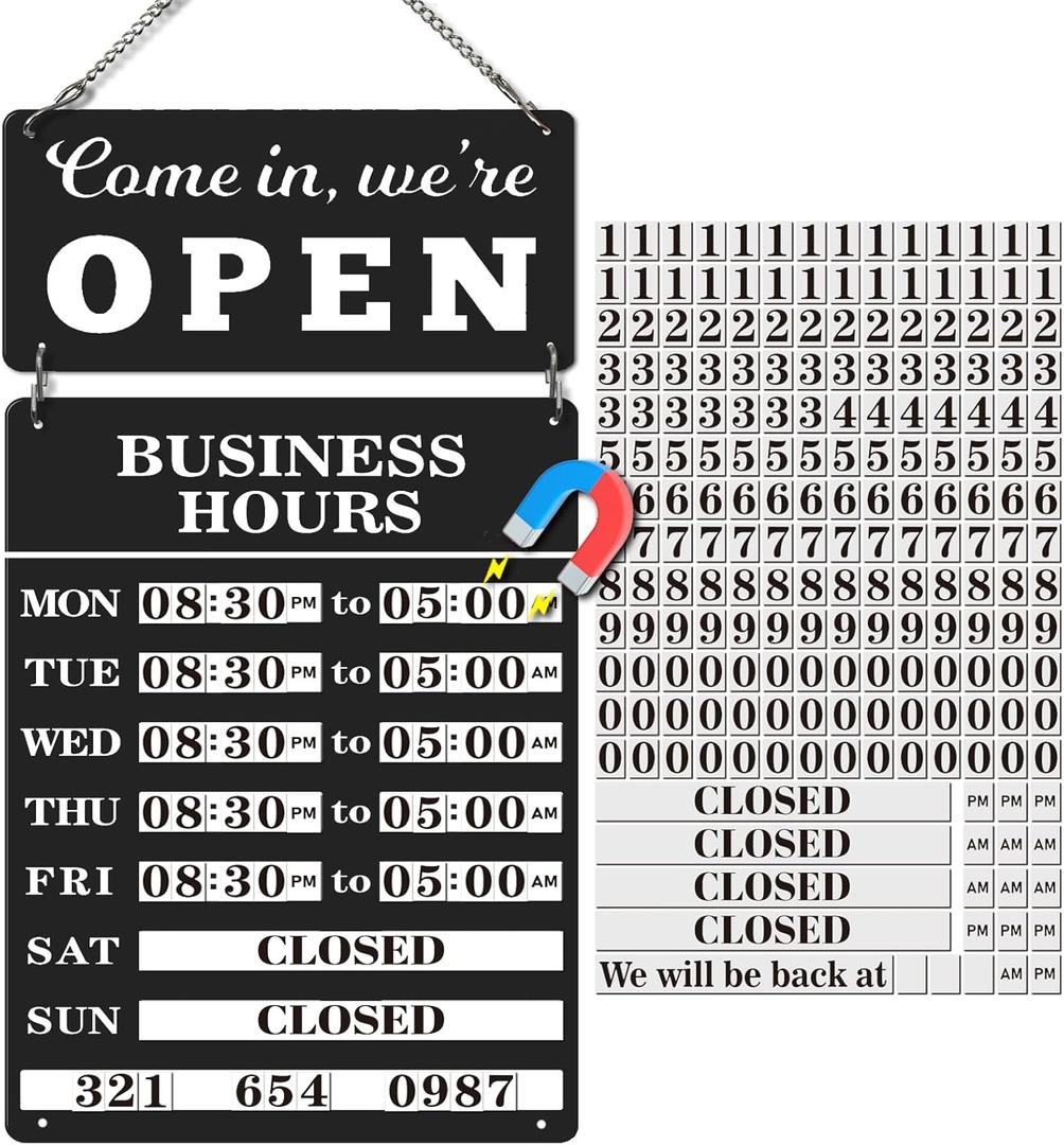 Magnetic Changeable Business Hours Sign with Double Sided Open Closed Signs, Metal Hours of Operation Signs, Store Hours Sign for Glass Door or Window BLACK