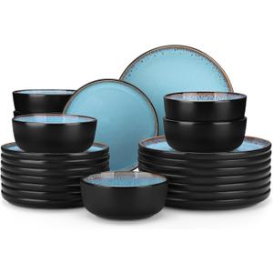 vancasso Plates and Bowls Sets, 24 Pieces Stoneware Dinnerware Sets for 8, Kitchen Dish Set Mircowave and Dishwasher Safe Dinner Set Ceramic Dishware, Sky Blue, Series Amber