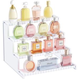 Lifewit 4 Tier White Display Riser Stand with Decorative Secure Fences, Tool-free Assembly, Plastic 12 Inch Perfume Organizer, Display for Figures, Cupcake, Dessert, 1-pack