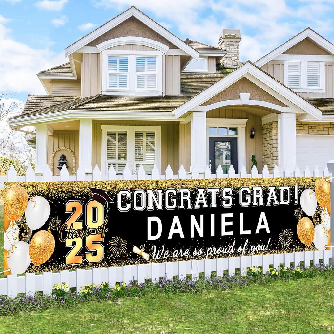 Personalized Graduation Banner, Graduation Banner Class Of 2025 With Letter Stickers For Custom Name, 2025 Graduations Party Decorations For High School College Supplies, Size 20 X 99 (Black Gold)