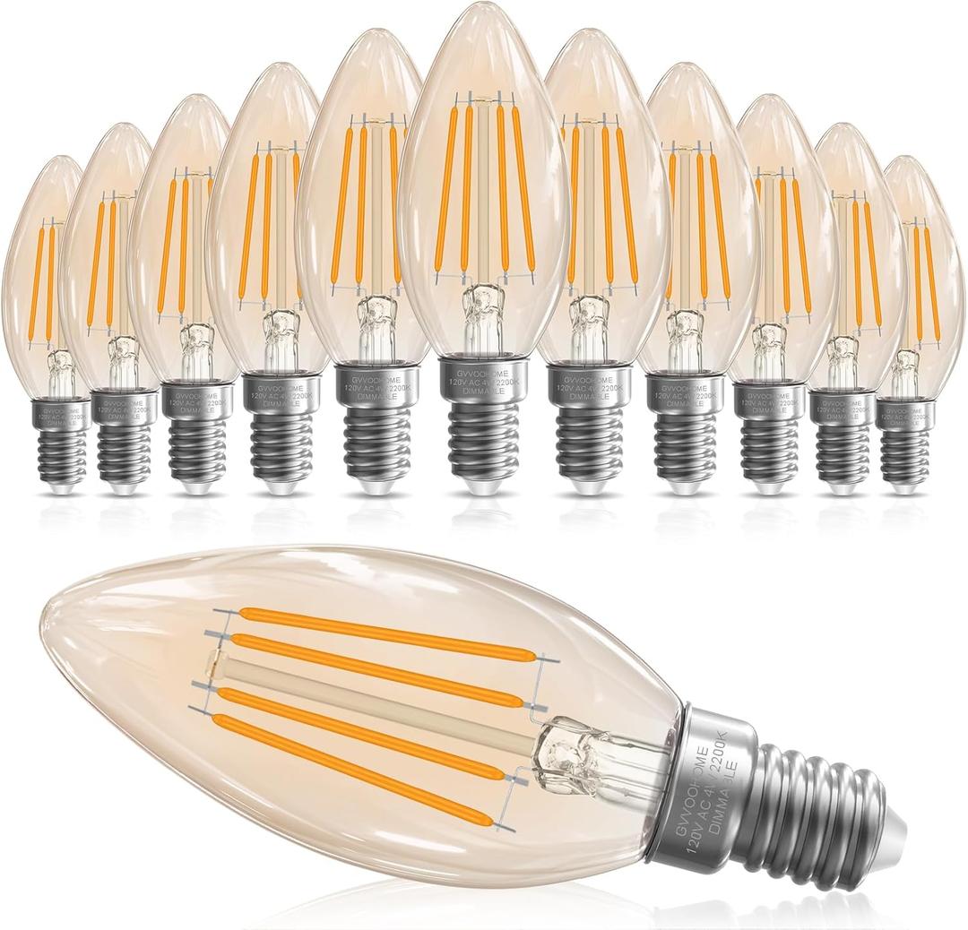 GvvooHome E12 Candelabra Bulb 40 watt Equivalent, E12 LED Bulb Dimmable Chandelier Light Bulbs, 2200K Amber Warm, B10 Candle Light Bulb, 90+CRI, 400LM, Amber Glass Finish, 12 Pack