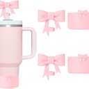 Stanley Cup Accessories Set, Include 2 Pcs Silicone Bow Straw Covers Cap Toppers for 0.4 in/10mm Straws, 2Pcs Bow Silicone Boots for Stanley Cups 40oz & 30oz Tumbler (Pink)