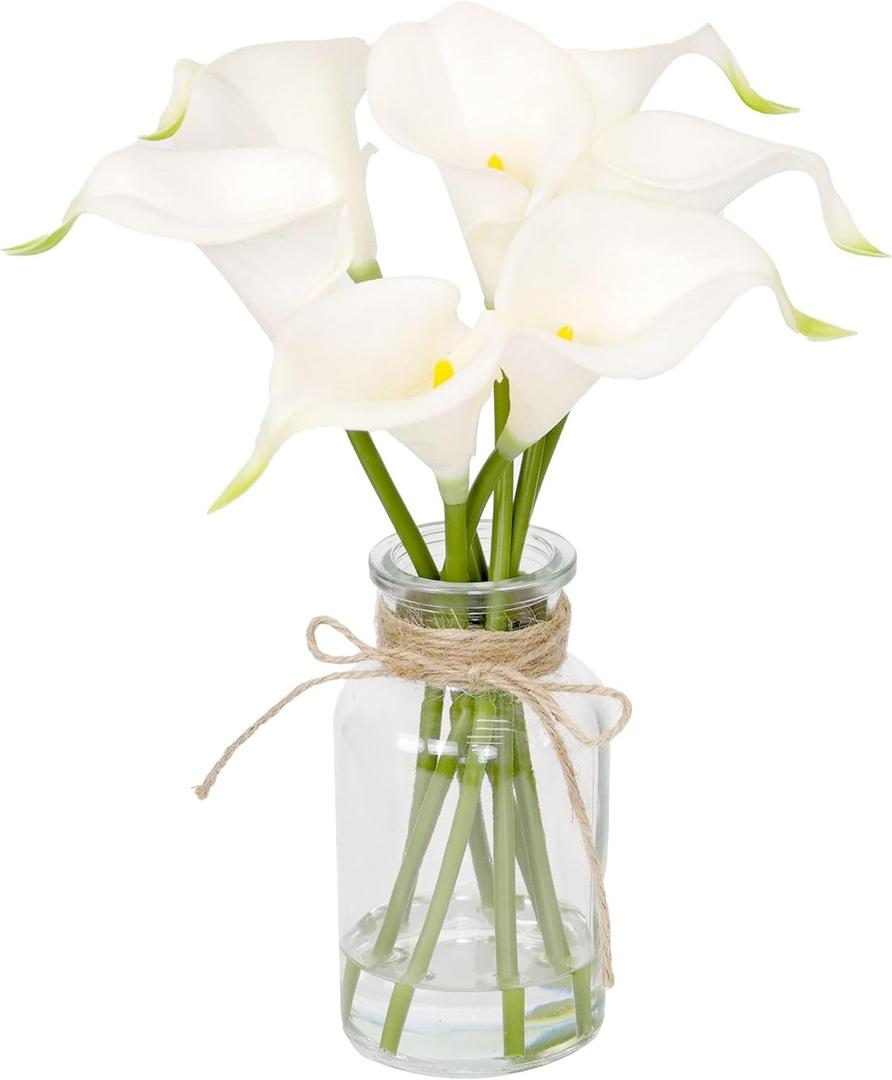 Artificial Flowers Calla Lily in Glass Vase with Faux Water,7Pcs Artificial Calla Lily Flower Real Touch Latex Flowers for Centerpiece Table Decorations Counter Decor(White Calla Lily)