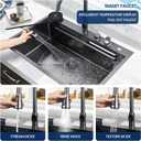 33 inch Waterfall Kitchen Sink Metal Black -Feibus 33x22x10 Drop In Sink with Faucet Combo Double Step Workstation 16 Gauge Multifunctional Stainless Steel Single Bowl