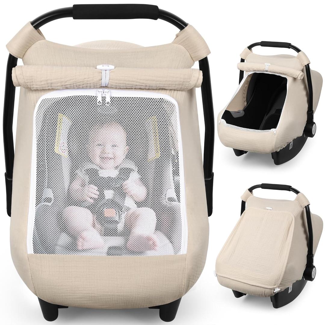 Rquite Car Seat Cover Baby, Carseat Covers Girl Boy, Breathable Muslin Cotton, Large Mesh Window, Infant Car Seat Canopy Baby Carrier Cover Stroller Sun Shade for Summer & Hot Day, Beige