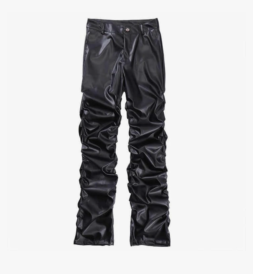 Men's Punk Style Shiny Pleated PU Leather Pants Men's Loose Straight Leather Trousers Black M